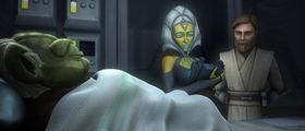 Yoda, Doctor Nema, and Obi-Wan Kenobi in the Jedi Temple medical ward
