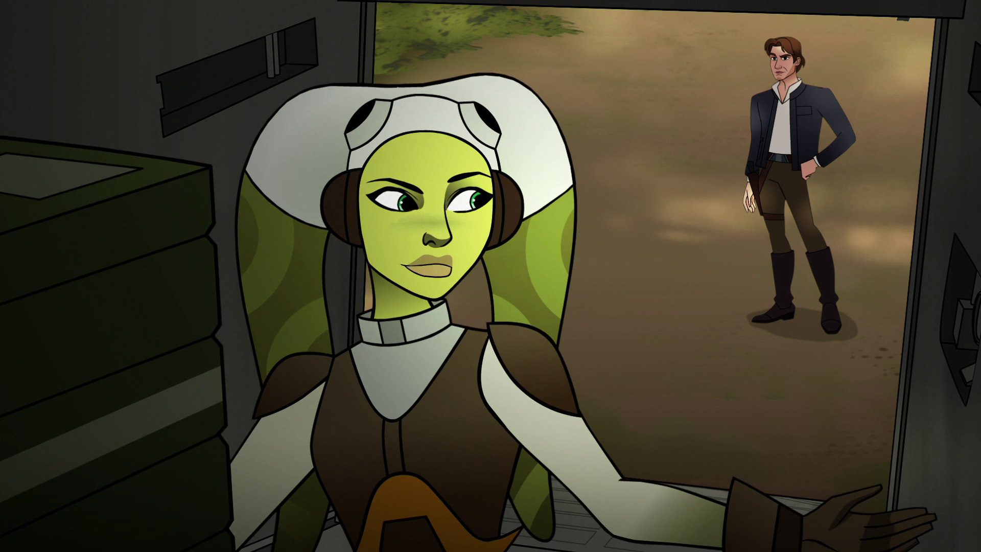 Hera gives Han Solo and Chewbacca the ration bars for the Ewoks.