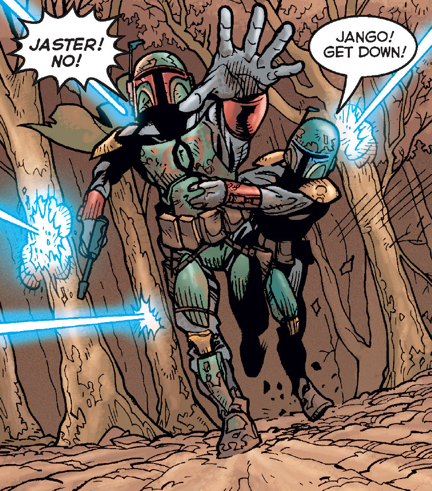 Silas prevents Fett from running into a crossfire.