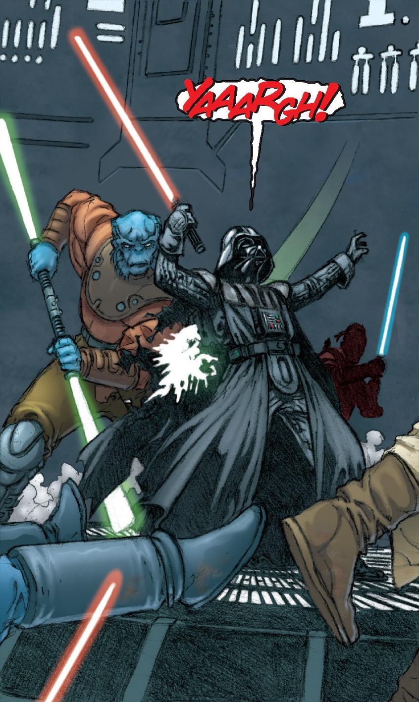 Jastus Farr uses his lightsaber to injure Darth Vader during the Ambush on Kessel.