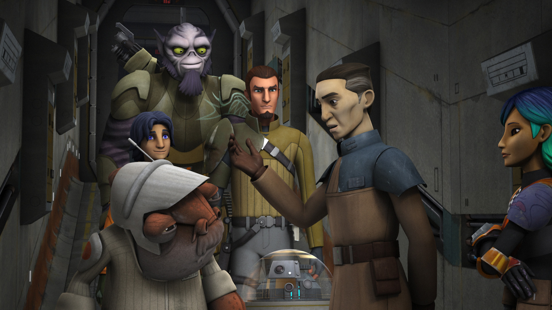 Zeb and his rebel comrades with Quarrie and Commander Sato