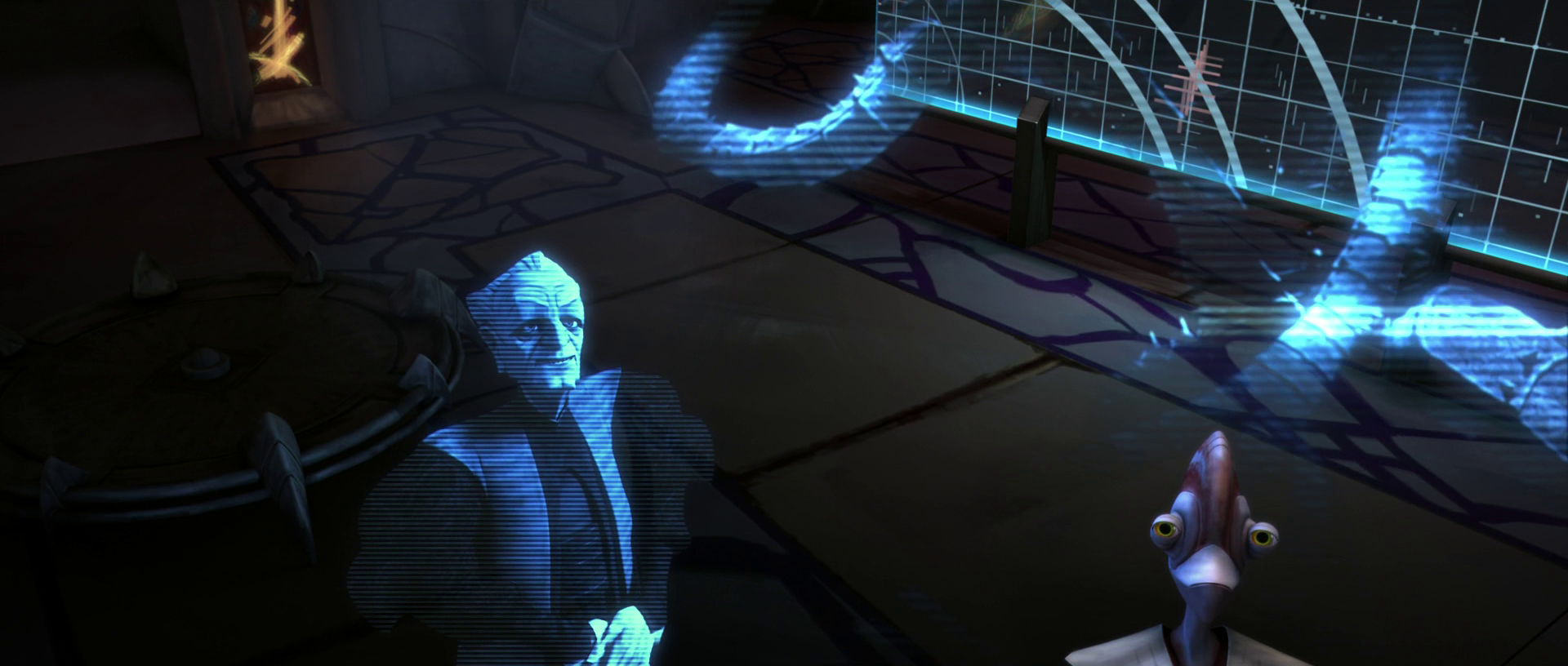 Doctor Boll and Chancellor Palpatine are shown the Zillo Beast by the Jedi.