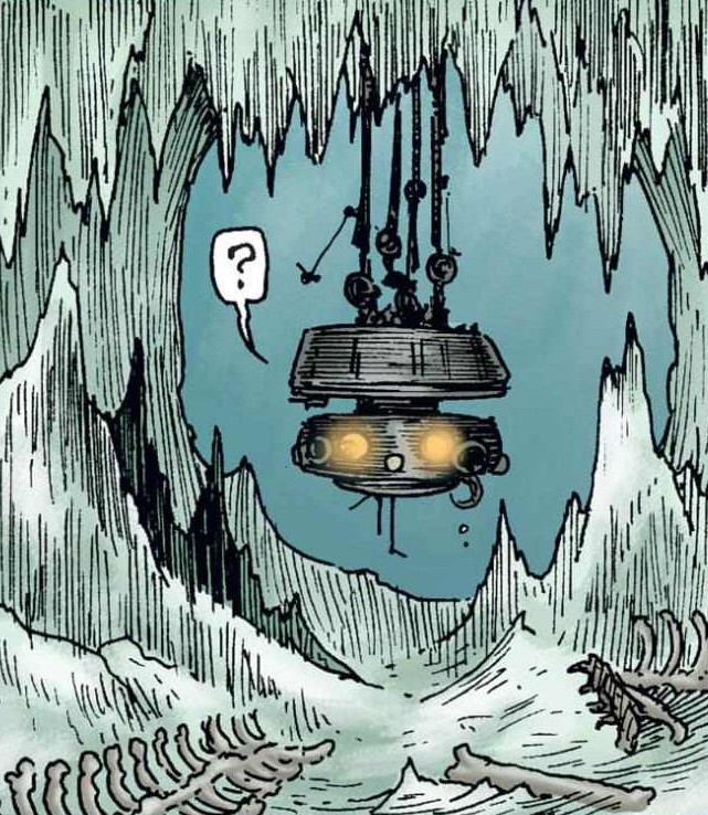 The captured Viper probe droid hangs in the wampa's ice cave.