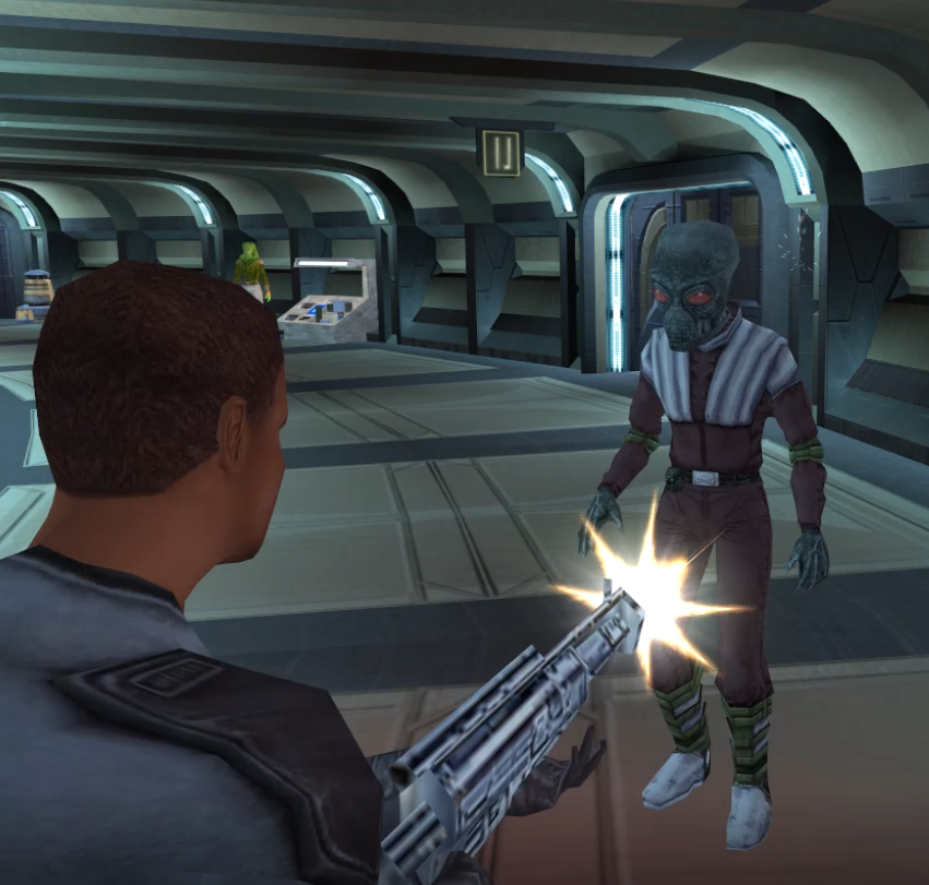 A Sith soldier shoots Ixgil.