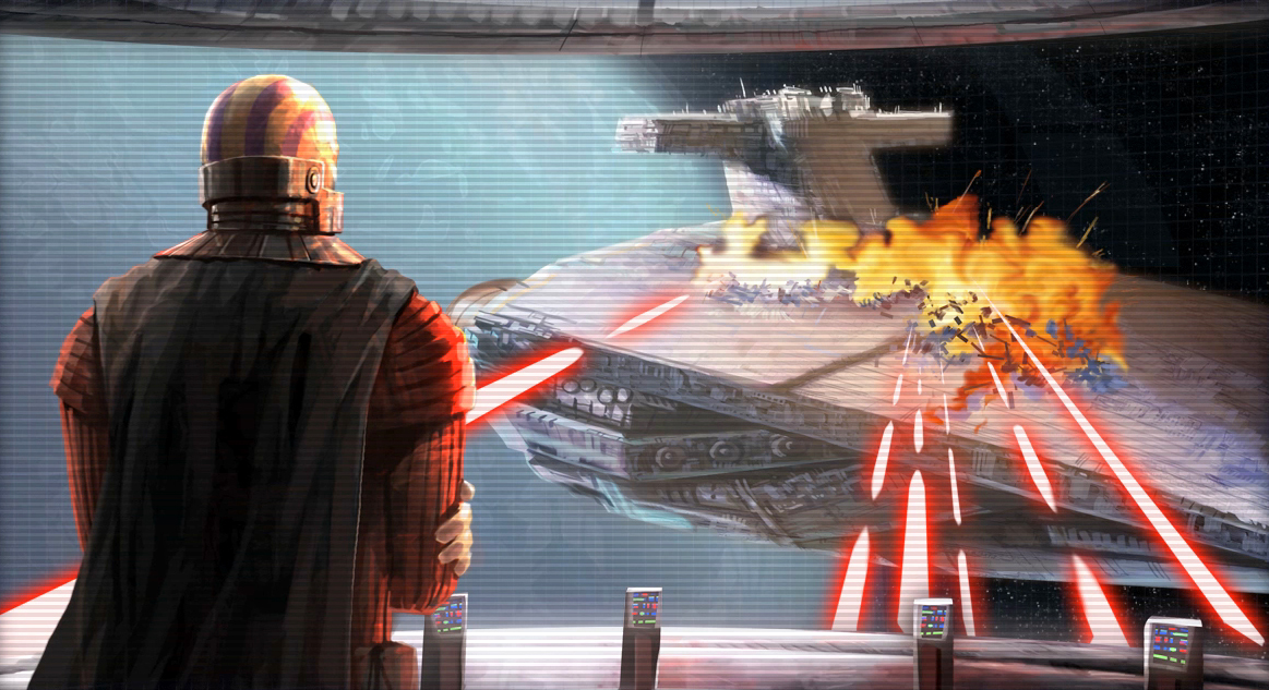 Darth Malak watches as his cruiser fires on Darth Revan's flagship