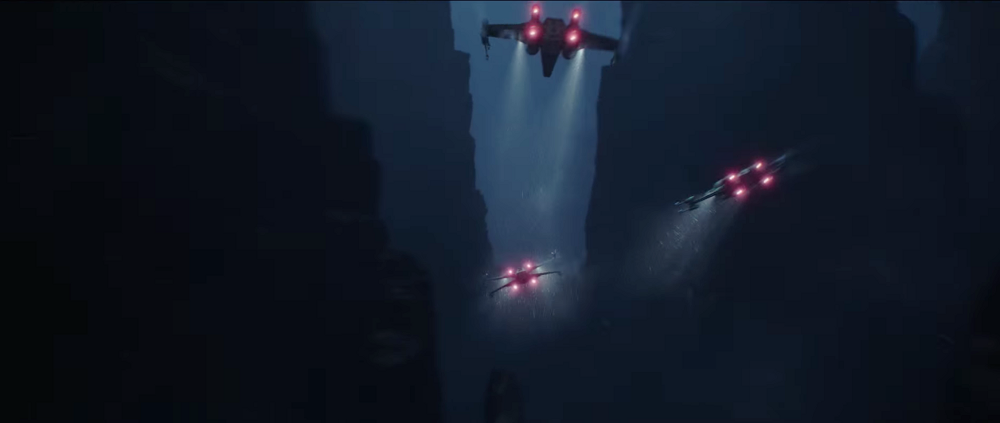 T-65B X-wing starfighters flying through Eadu's canyons.