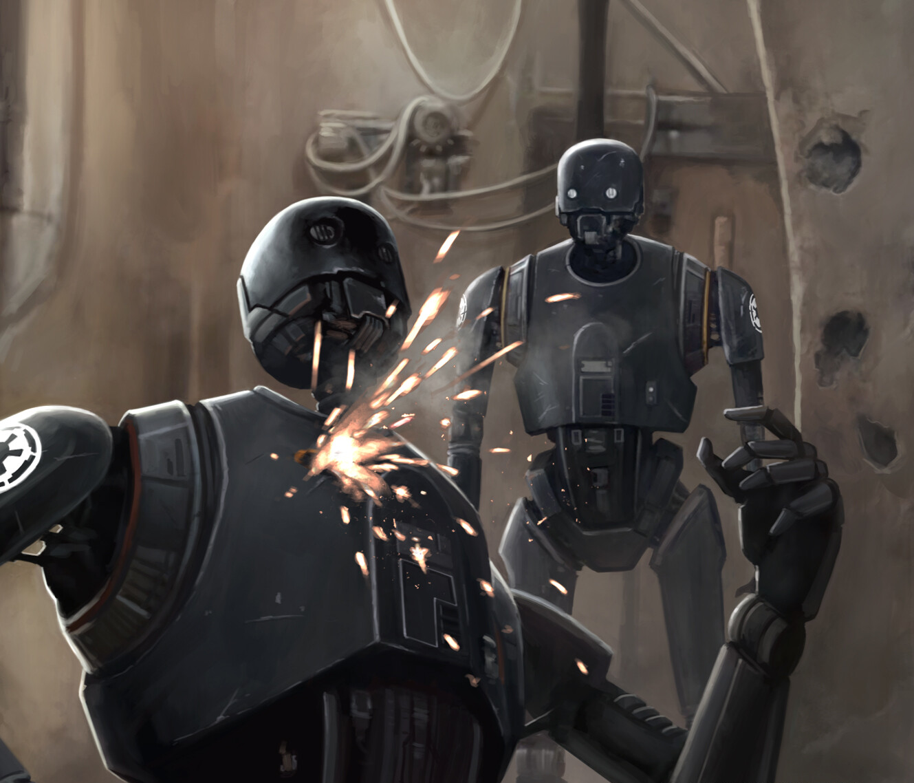 K-2SO narrowly avoided a blaster bolt fired by Jyn Erso.