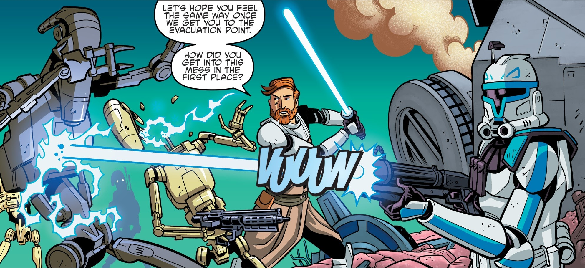 Obi-Wan Kenobi fights alongside Captain Rex during the Battle of Horain.