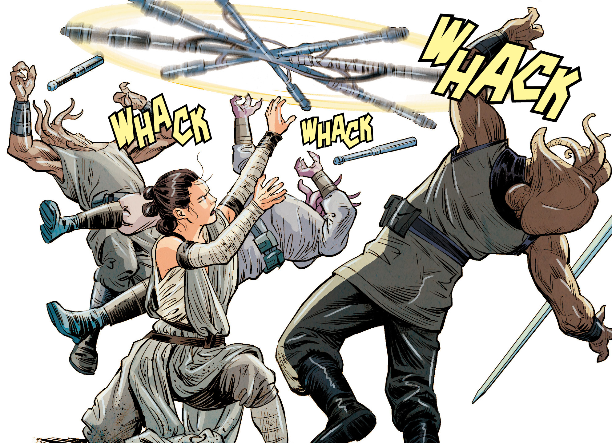 Rey used the Force to spin her staff striking multiple Quarren attackers.