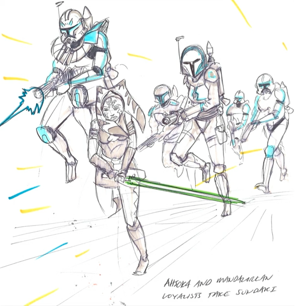 Dave Filoni's sketch of Captain Rex, Ahsoka Tano, and Bo-Katan Kryze during the Siege of Mandalore