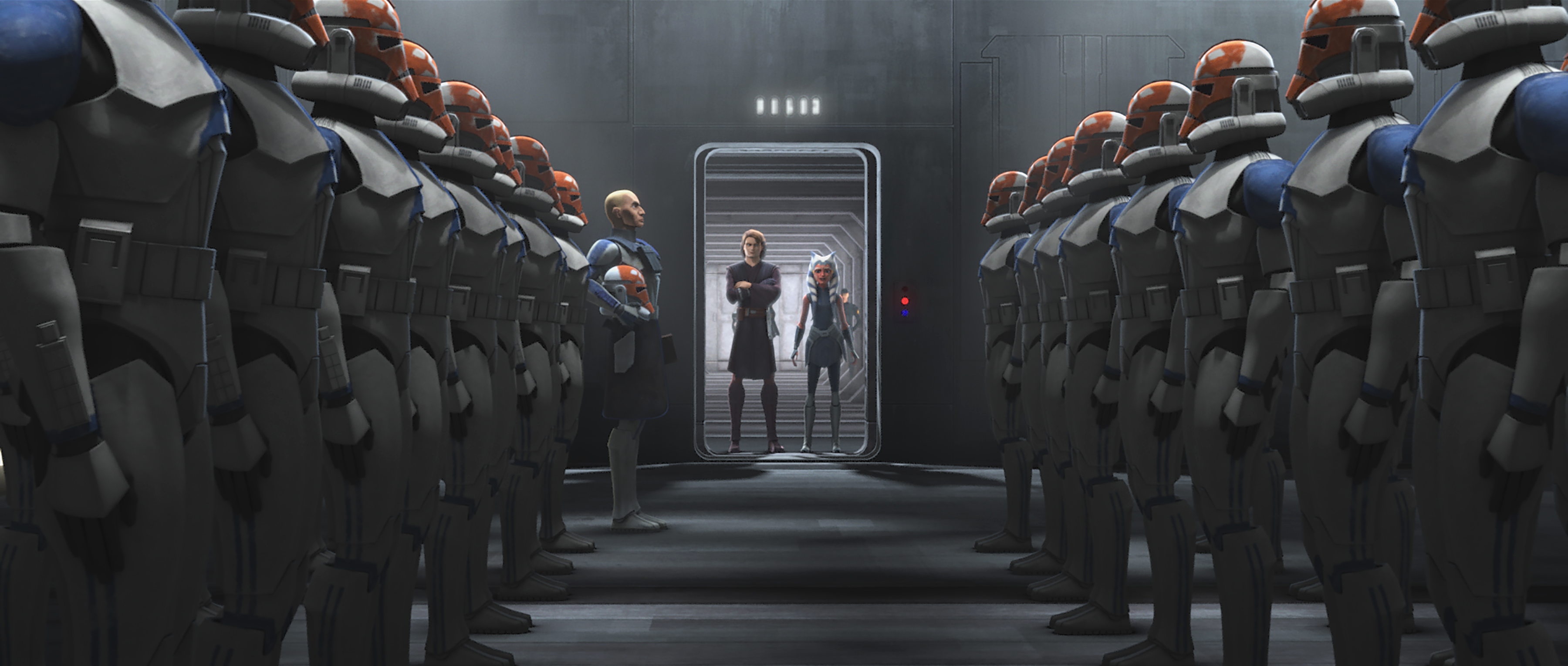 Rex and the 332nd Company stand at attention upon Ahsoka's arrival.