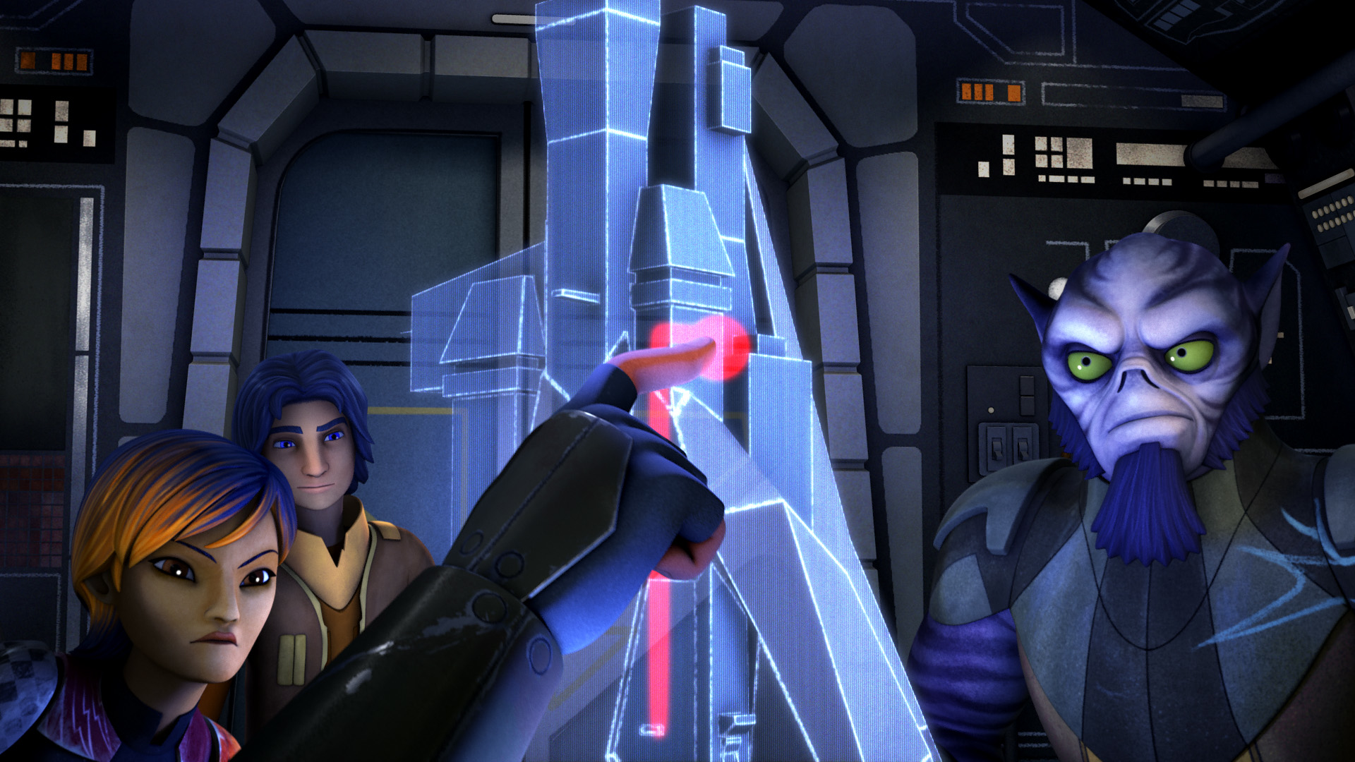 The rebels use a holographic image of the Spire to create their infiltration plan.