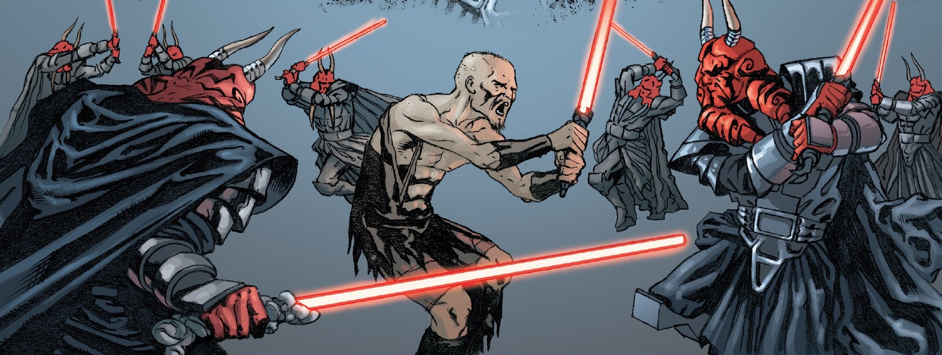 Darth Wyyrlok III uses illusions to distract the warriors of the Malevolence.