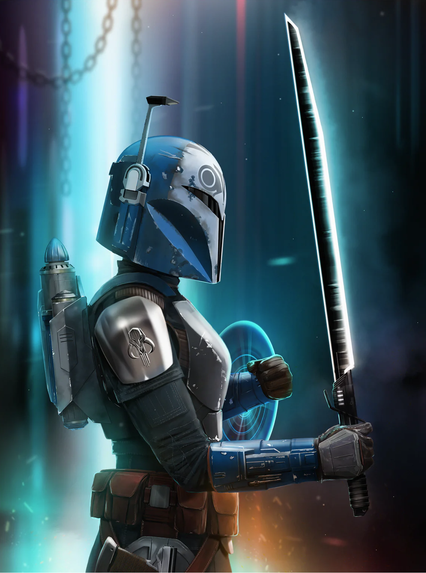 Bo-Katan Kryze in her Mandalorian armor with a Personal Combat Shield and the Darksaber