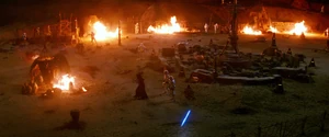 Kylo Ren attacks the village of Tuanul, seeking Lor San Tekka and the map to Luke Skywalker.