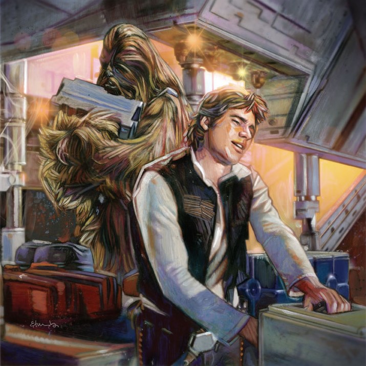 Han and Chewbacca load their reward into the Millennium Falcon