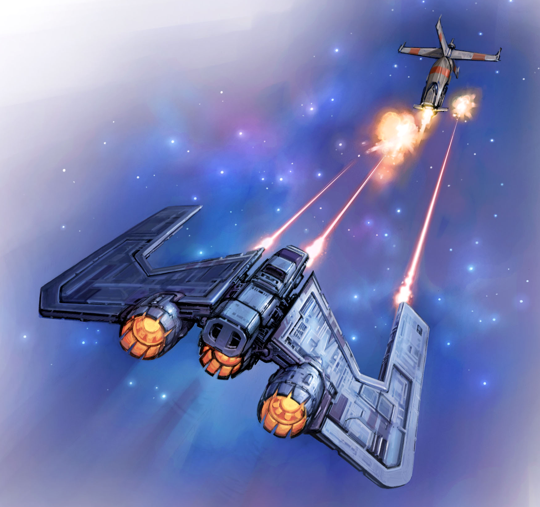 A Fury-class starfighter fires on a CF9 Crossfire starfighter.