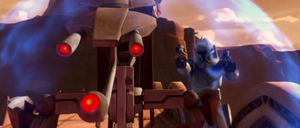 Rex sneaks up on the droideka attacking Ahsoka Tano atop the canyon barricade.