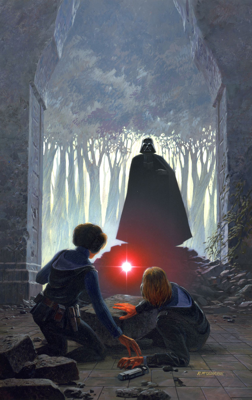 Vader, with the crystal beneath him, faces Skywalker and Organa.