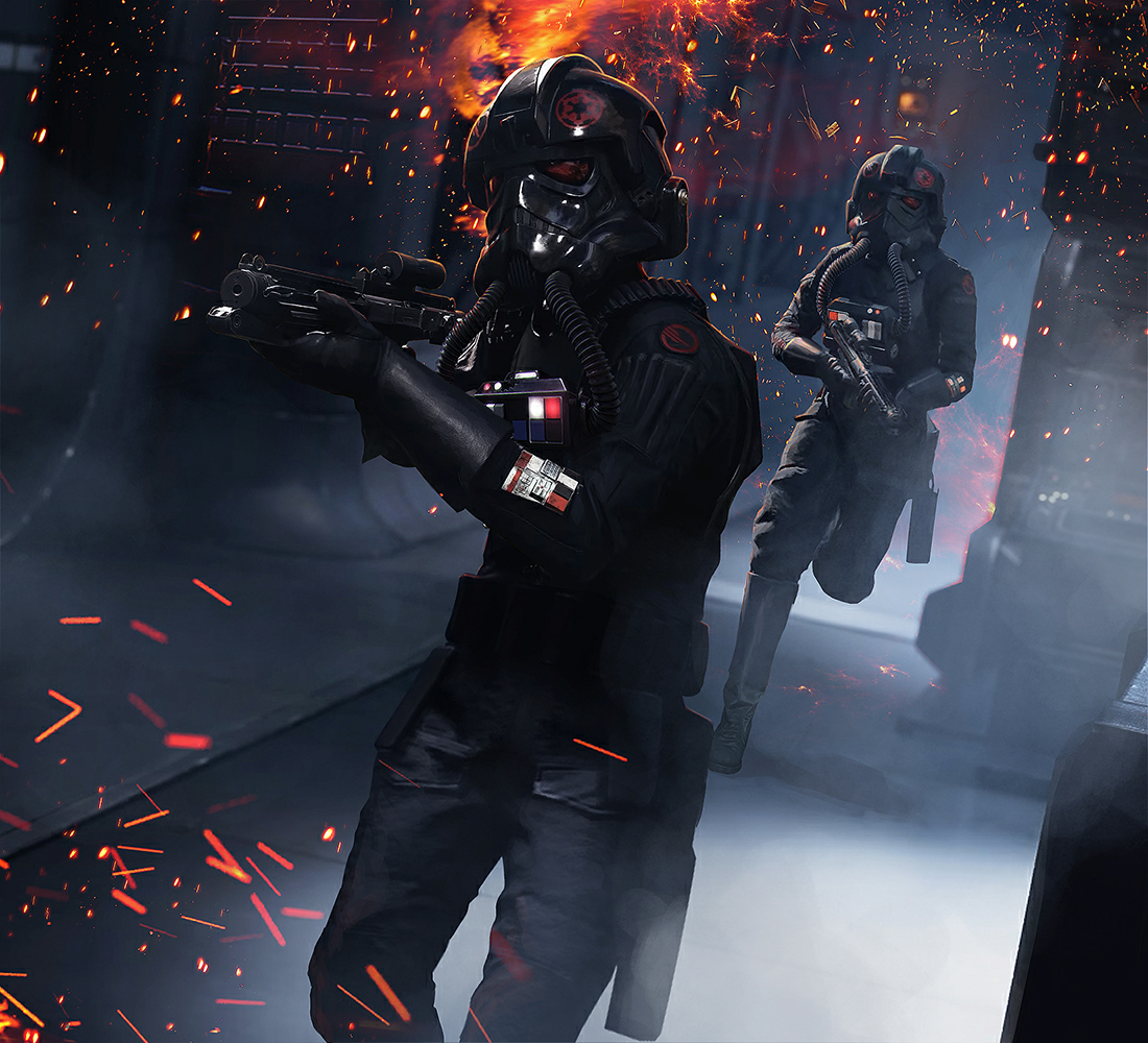 Wearing ISF uniforms and wielding E-11 blaster rifles, two Inferno Squad members rush into conflict