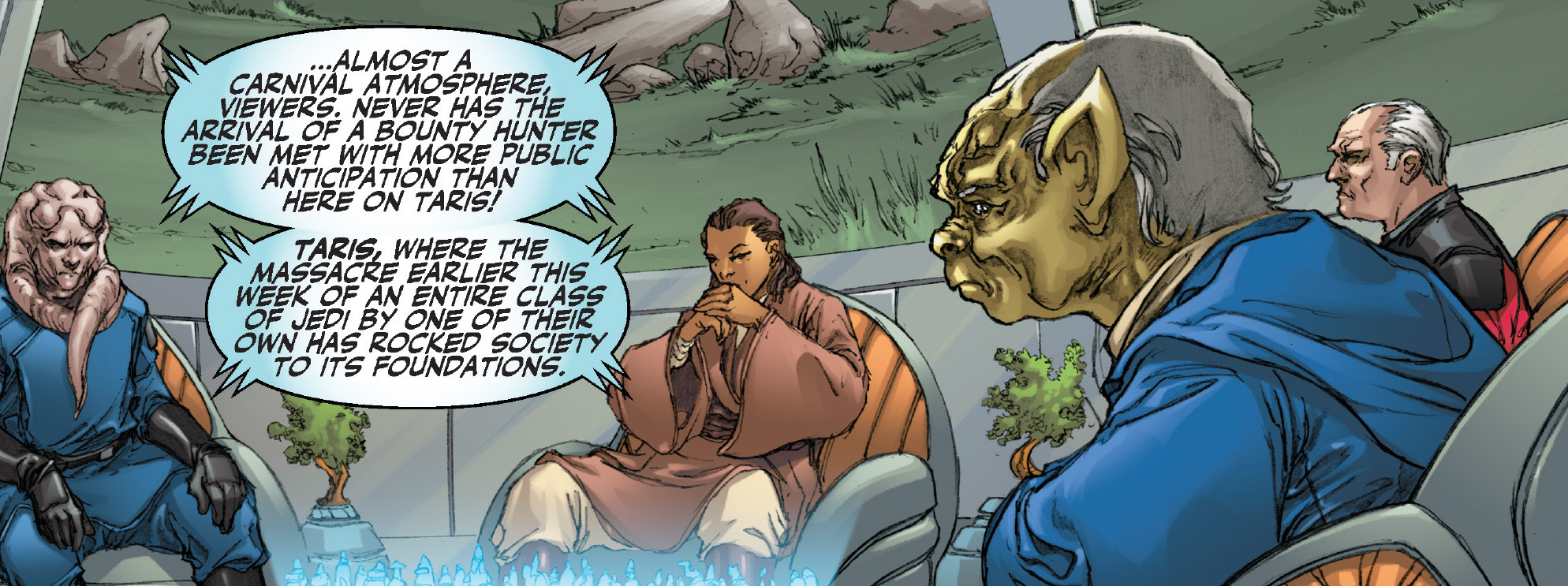 Zhar Lestin, Bala Nisi, Vandar Tokare, and Vrook Lamar on the Dantooine Jedi Council