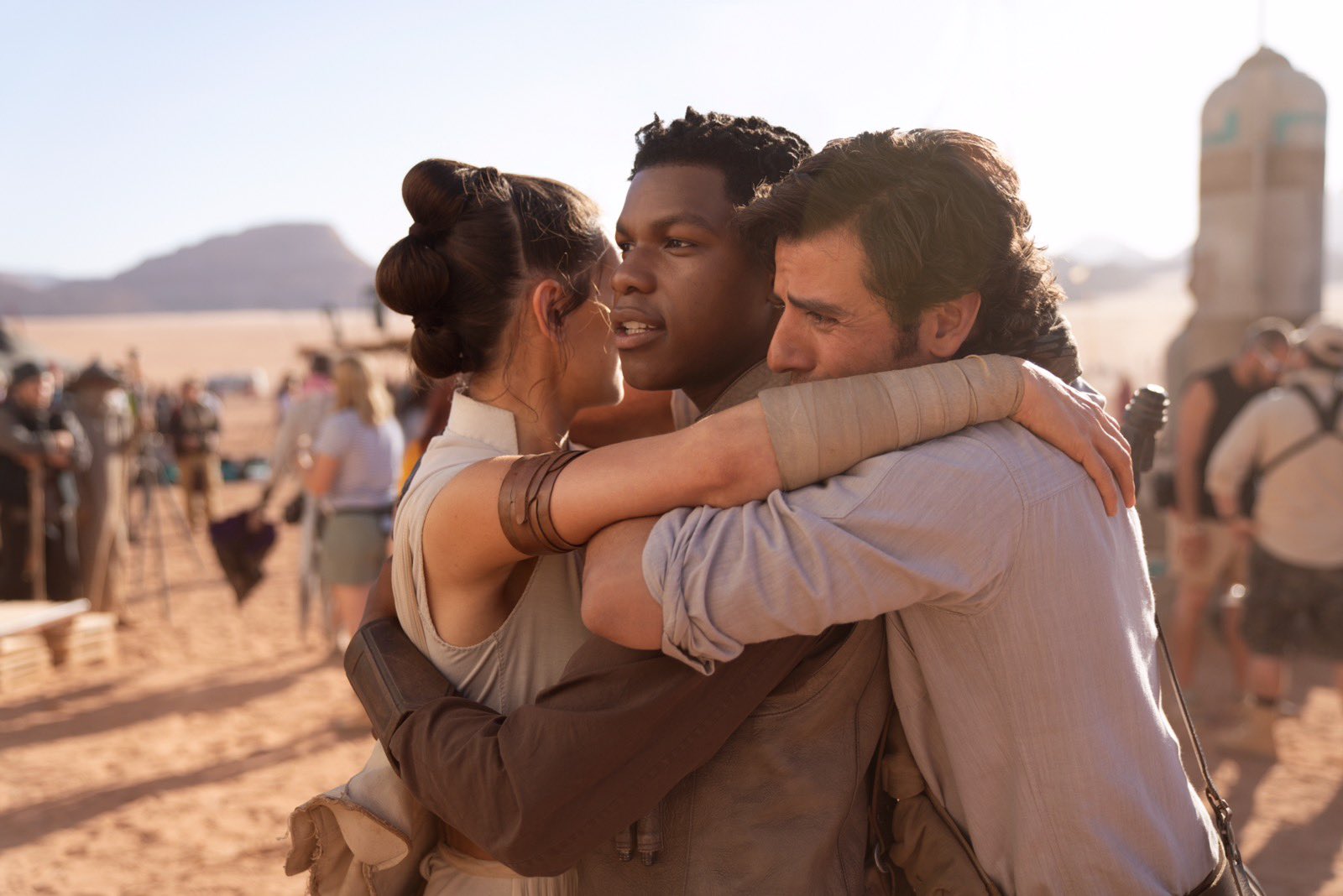 Daisy Ridley, John Boyega, and Oscar Isaac on the set of the film, having completed filming