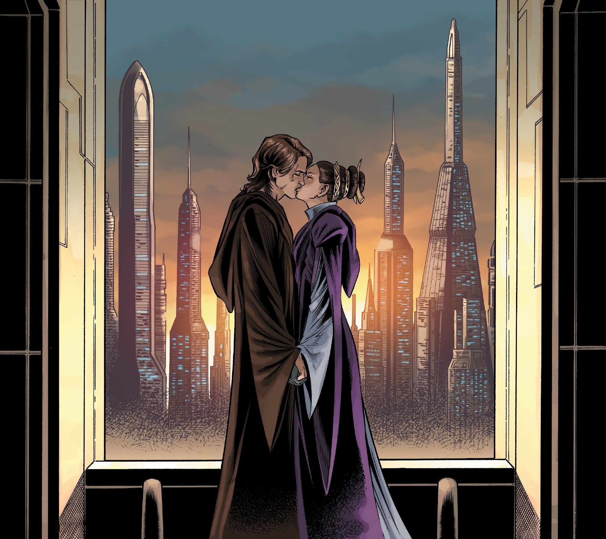 Amidala and Skywalker kiss before Amidala's mission to Clabron.