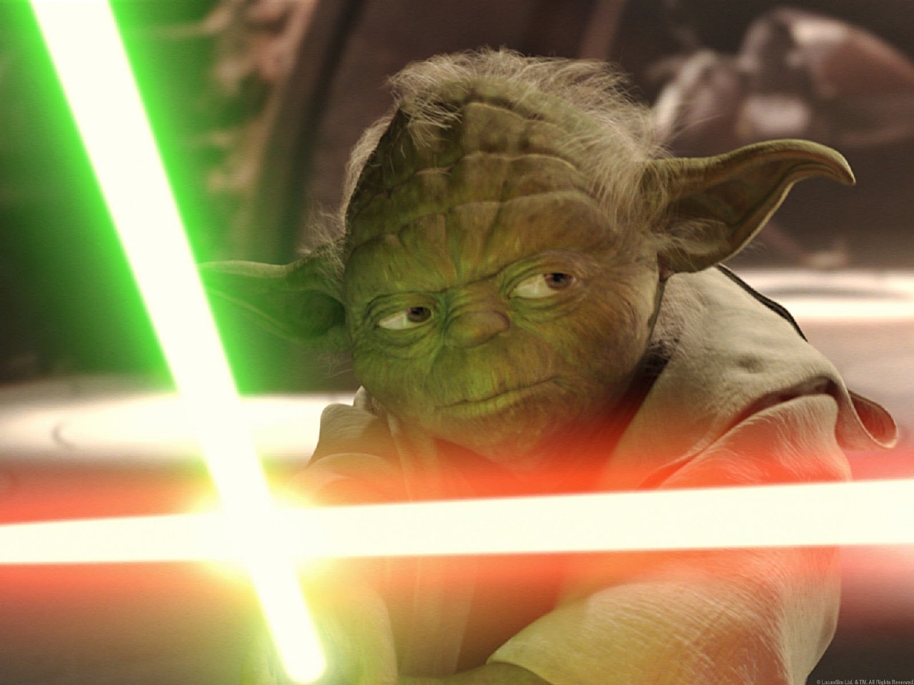 Yoda duels his former apprentice Dooku on Geonosis.