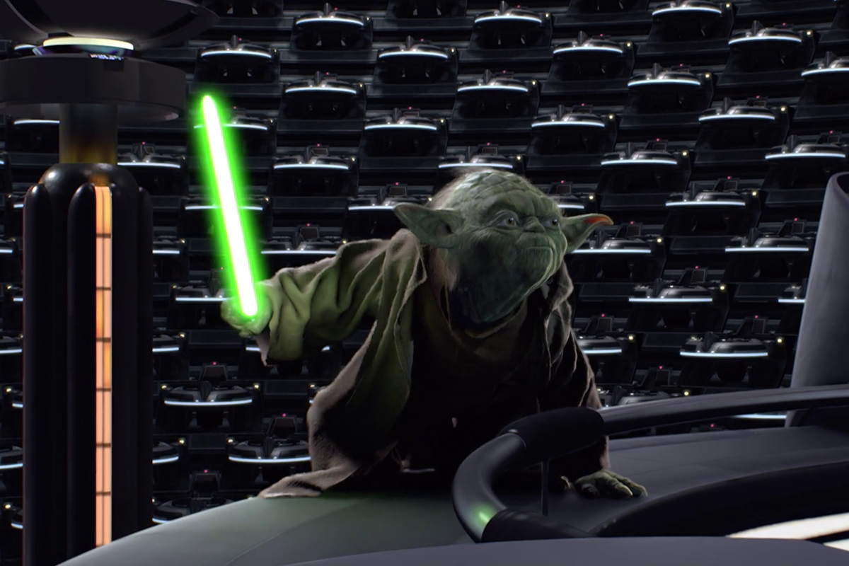 Yoda faces Sidious in the Grand Convocation Chamber.