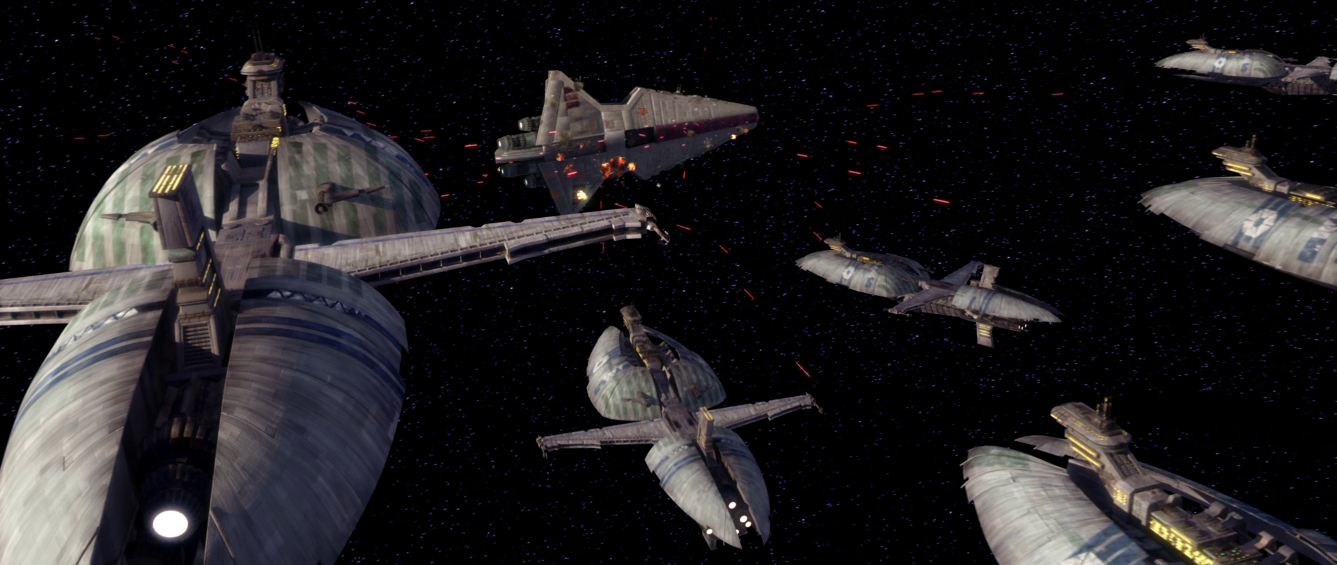 All six Munificent-class star frigates fire upon the Resolute.