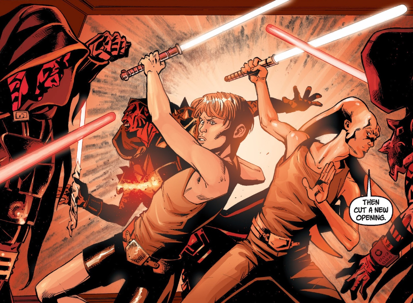 Shado Vao and Cade Skywalker fight Sith on Ossus.