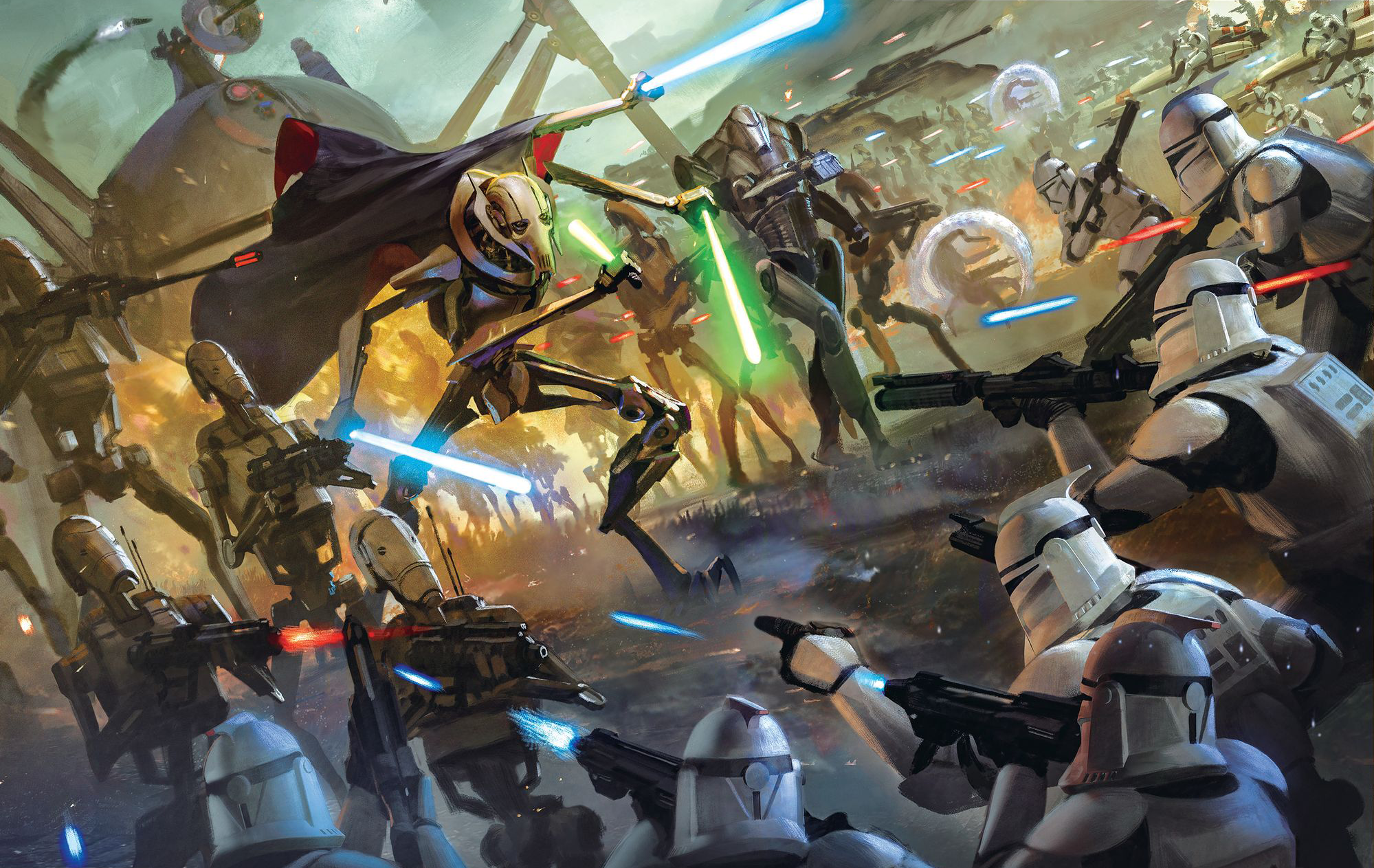 Battle droids under General Grievous clash with Republic clone troopers on one of the war's many battlefronts.