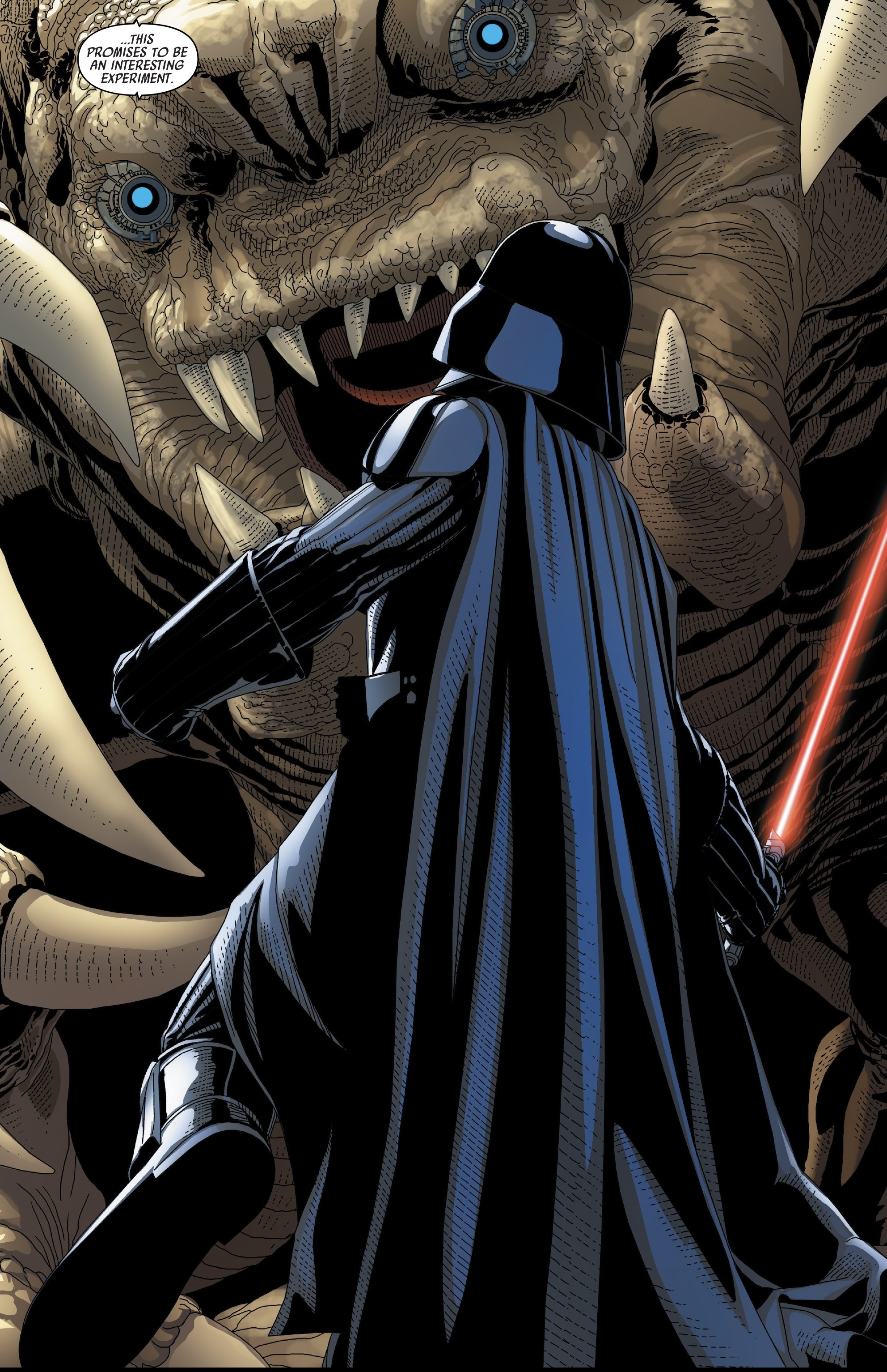 Darth Vader faces down a cyberanimate rancor during his hunt to kill Doctor Cylo.