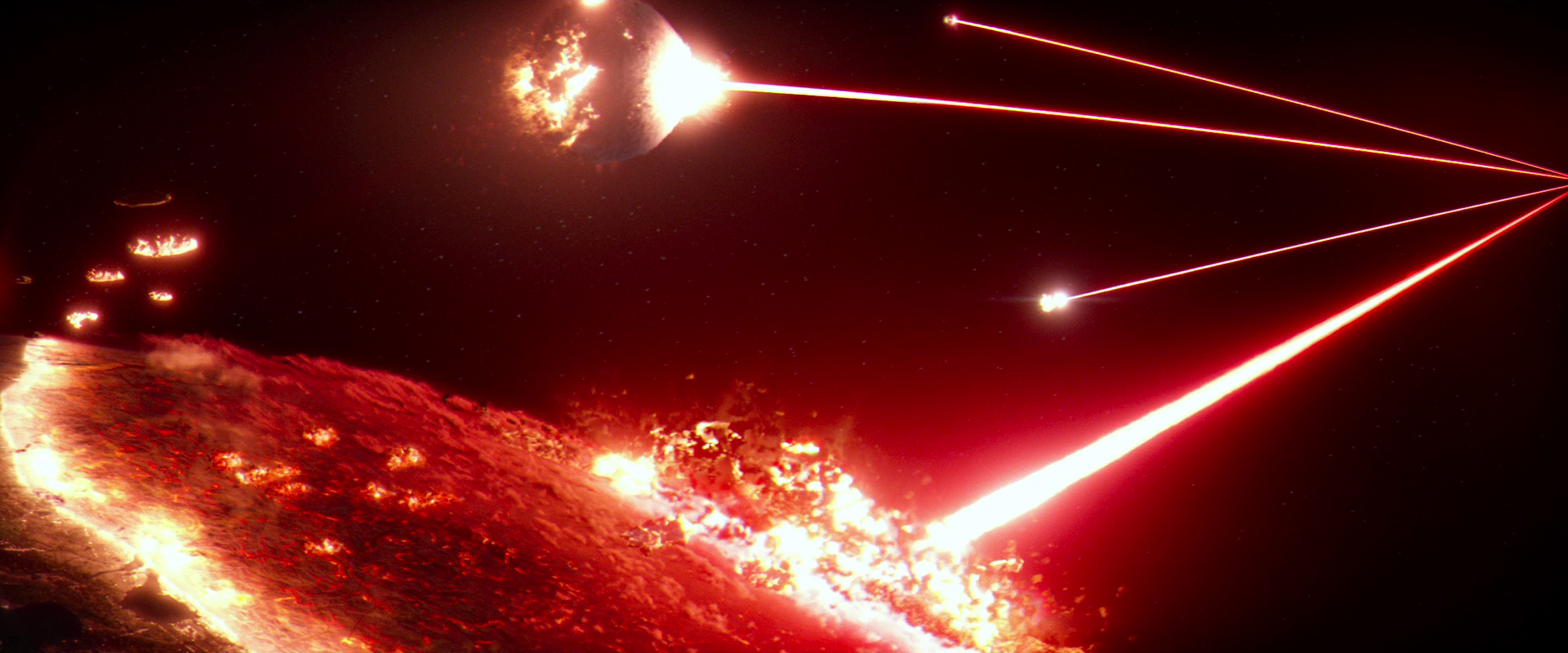 The New Republic home fleet above Hosnian Prime being destroyed by Starkiller Base's phantom energy beam.