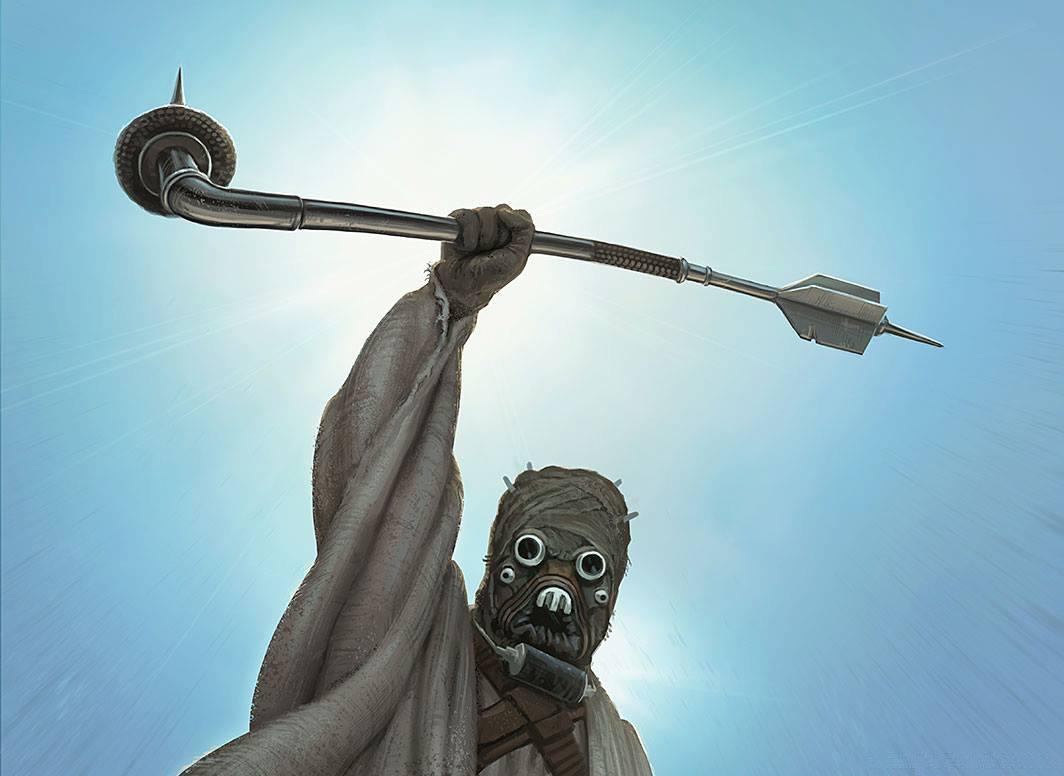 A Tusken Raider wielding his gaffi stick