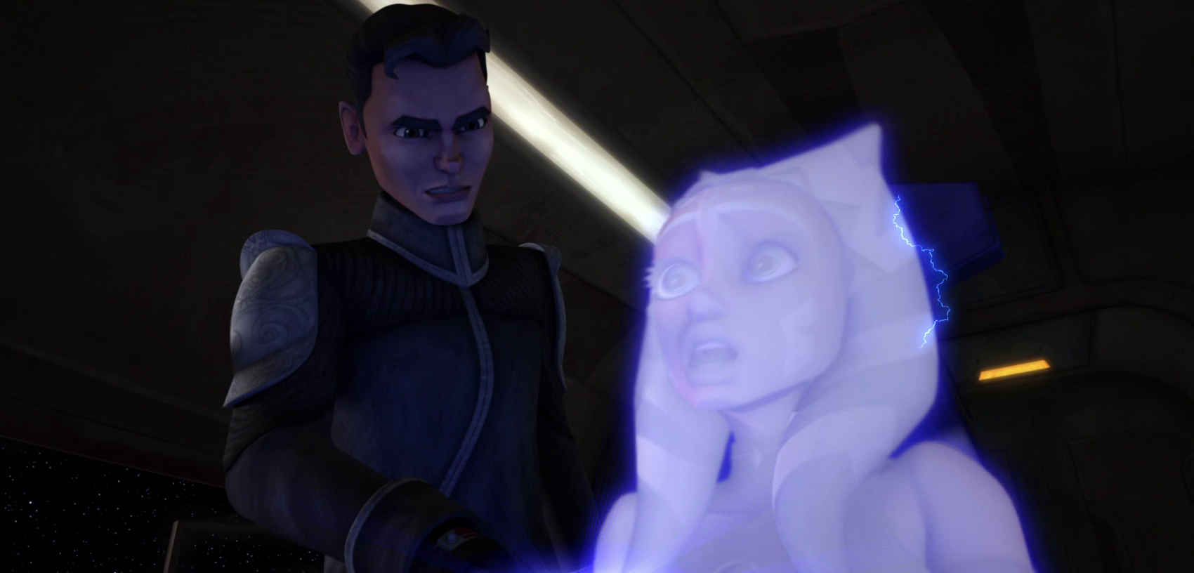 Lux Bonteri uses a handheld stunner on Ahsoka Tano.