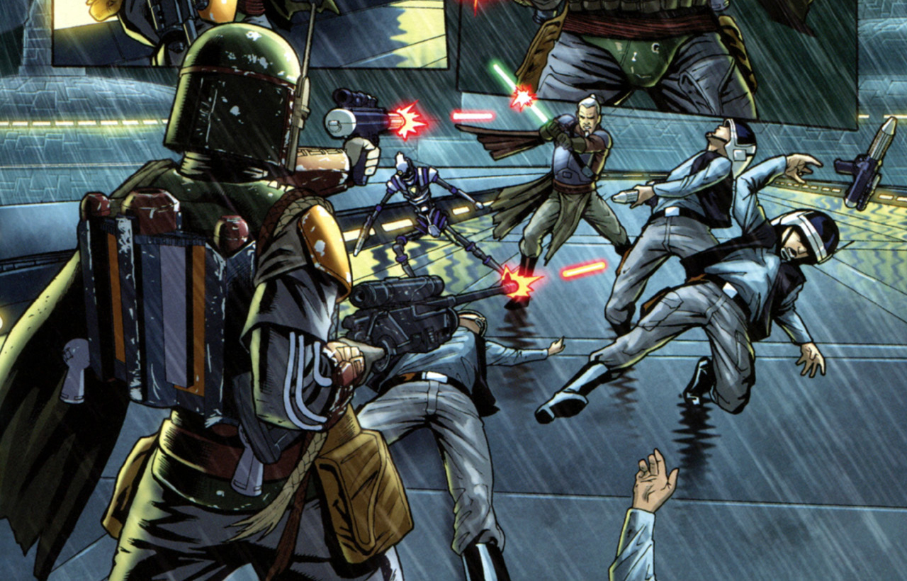 Boba Fett defends himself against Rahm Kota, PROXY, and a squad of Rebel troopers.