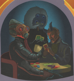 Kardue'sai'Malloc, Nabrun Leids, and Muftak sit around a small table playing cards. Leids is looking toward the viewer and has a blaster pistol in hand under the table.