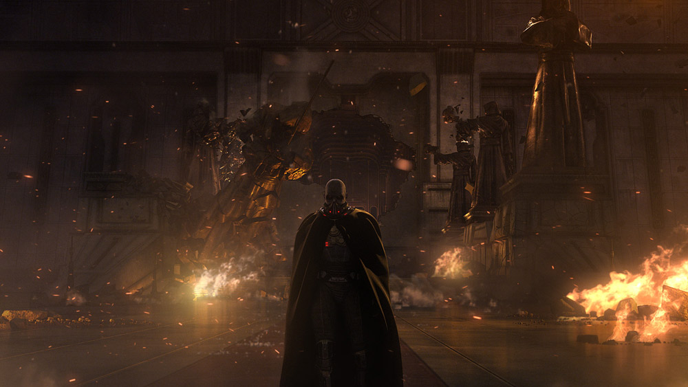 Malgus walks away from the burning Jedi Temple.