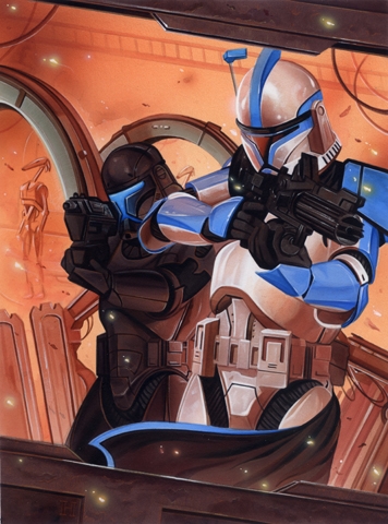 Republic Commando Atin Skirata (in stealth armor) with Null ARC Trooper Prudii Skirata, while sabotaging a Separatist droid manufacturing facility.