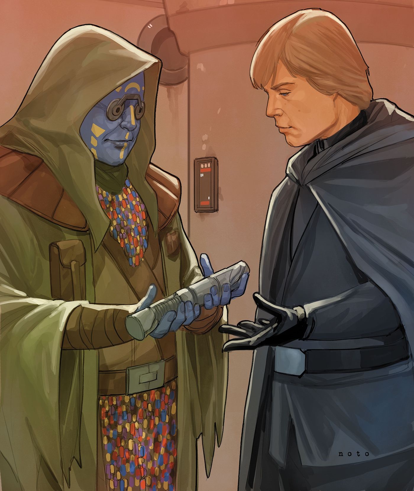 Luke Skywalker shows his lightsaber to Cuata.