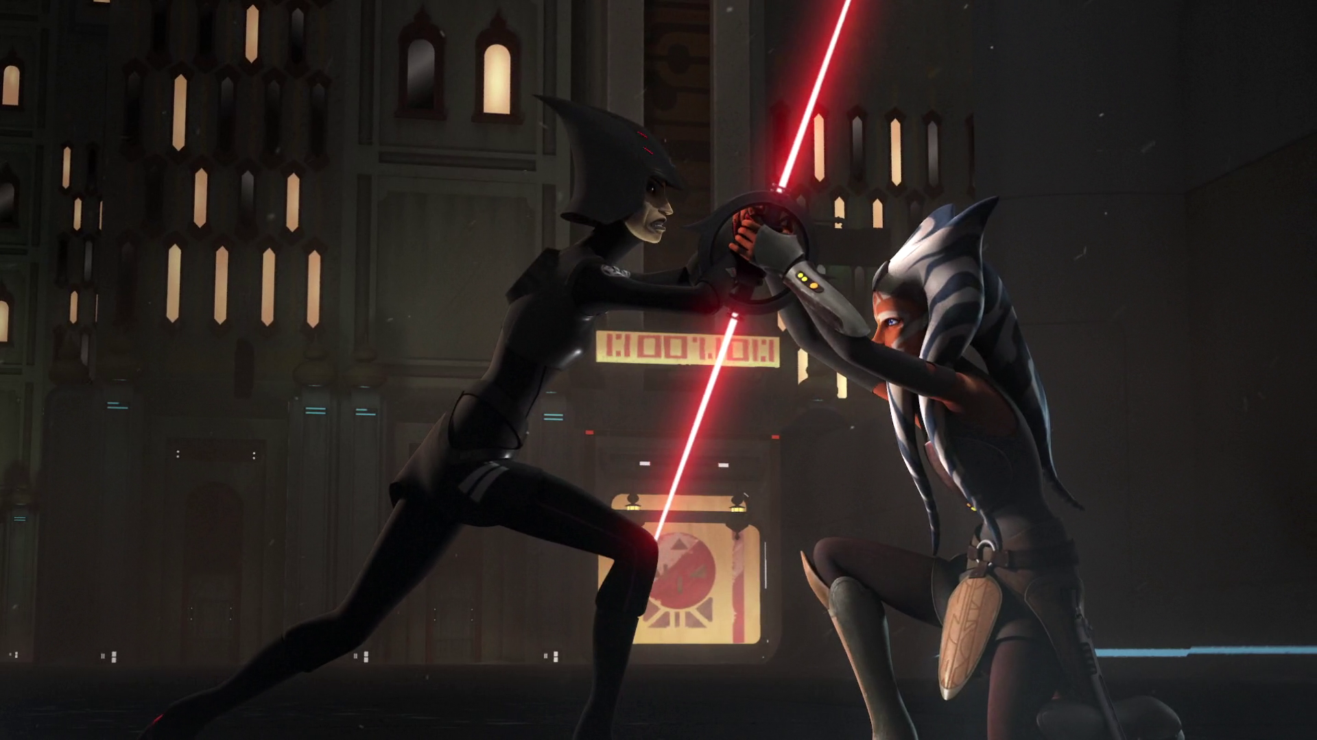 Ahsoka grabs the Seventh Sister's lightsaber and uses the Force to shut it off.