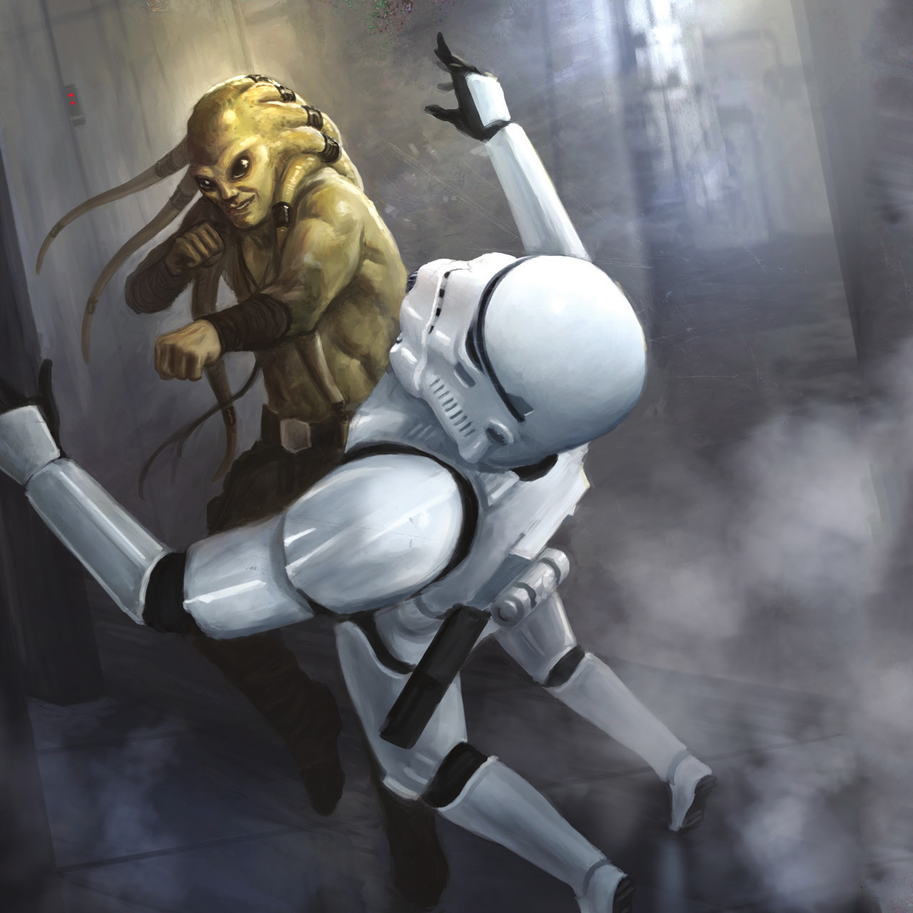 A Nautolan knocks out a stormtrooper in full armor with a Force-enhanced punch.