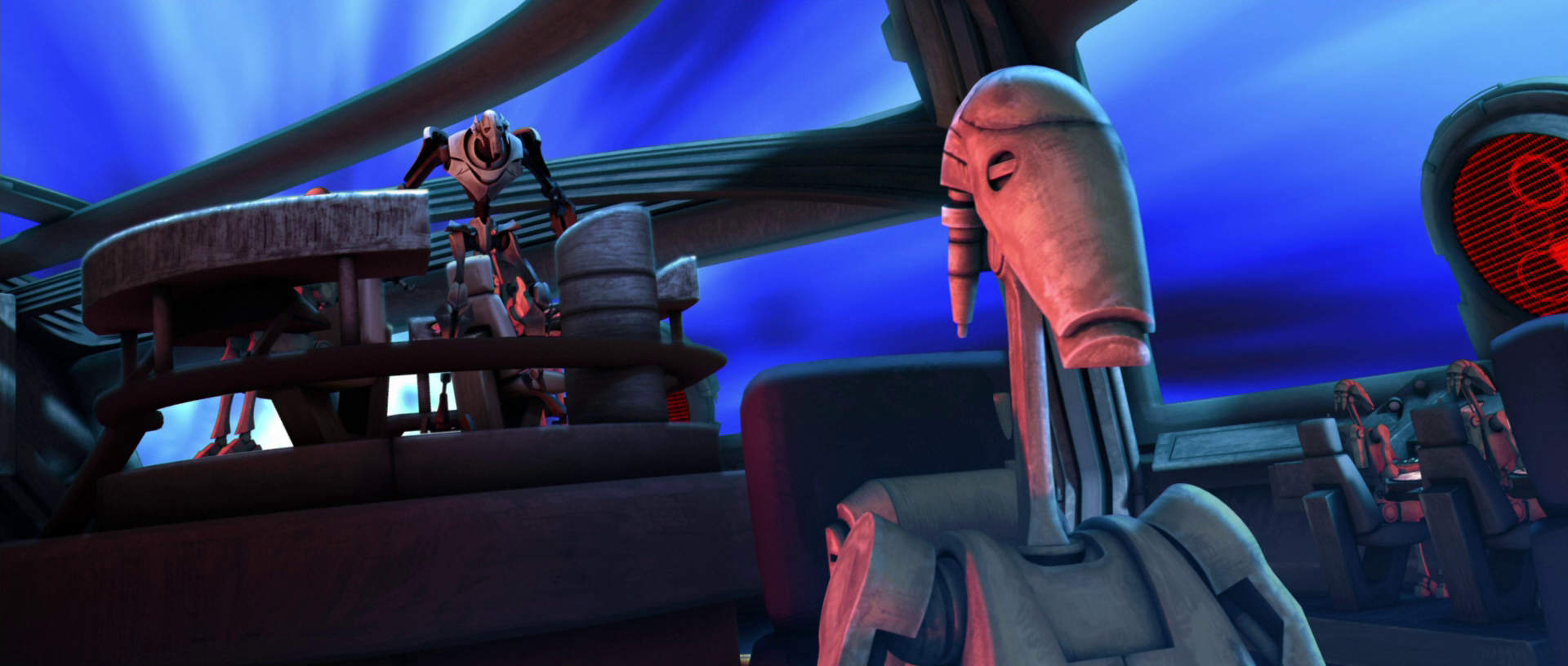 Grievous giving orders on the Malevolence bridge.