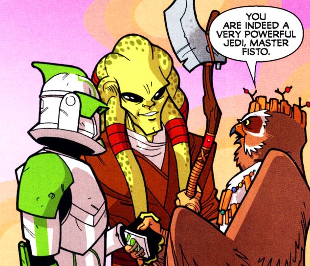 The clone commander, Kit Fisto, and Gwarrk convene after recapturing the Rishi mines.