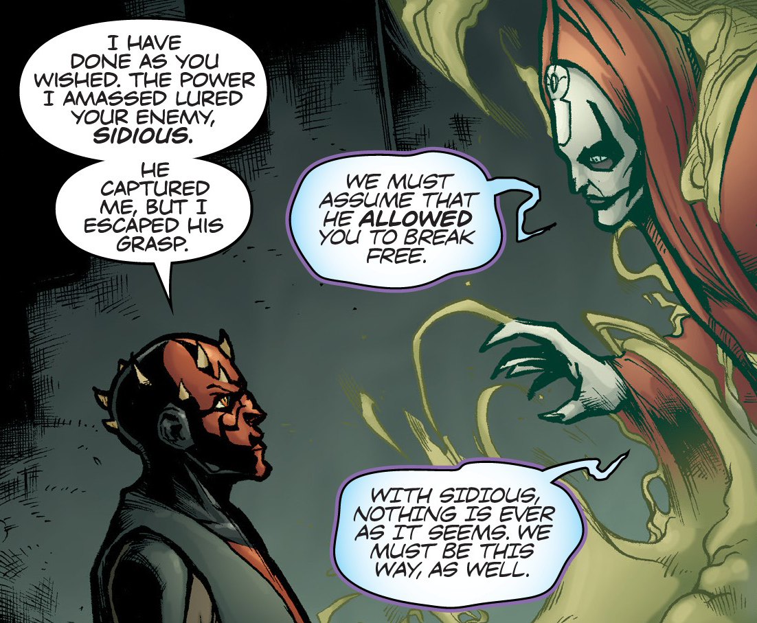 Darth Maul speaking to Mother Talzin, who appeared in a cloud of smoke