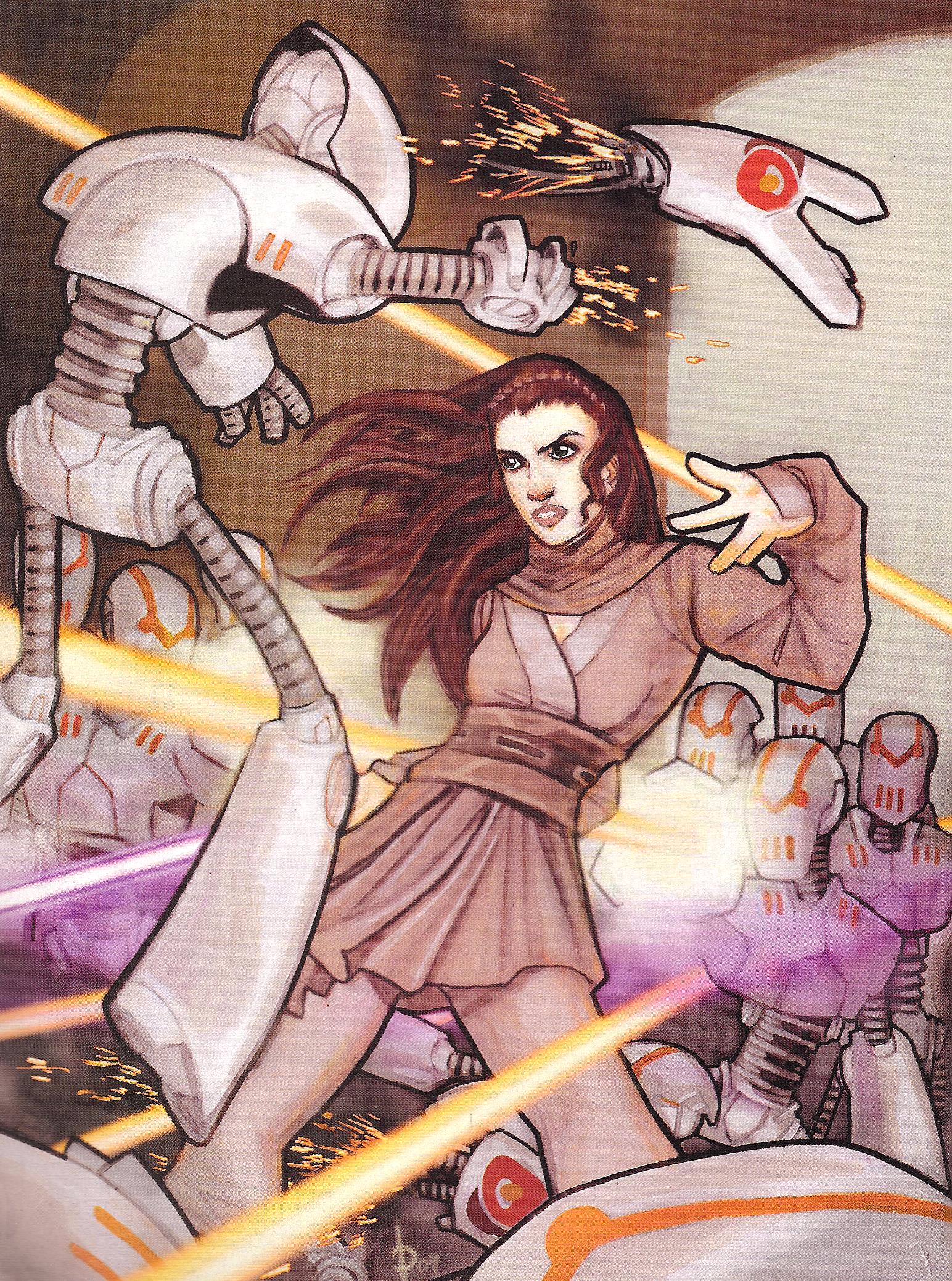 Jaina Solo destroys Stanton Rendar's battle droids.