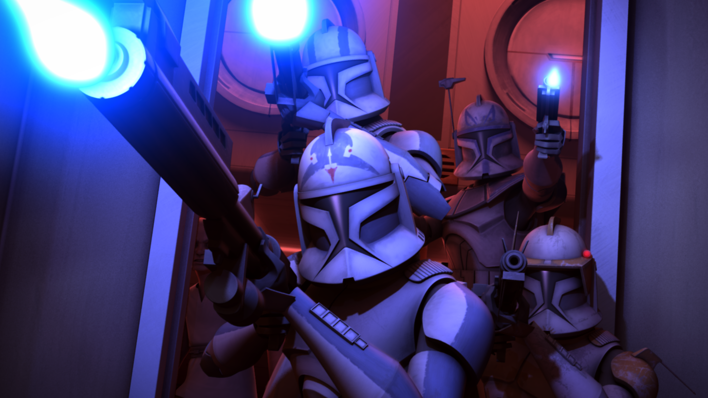 Fives and Echo assist Captain Rex and Commander Cody in the defense of Kamino.