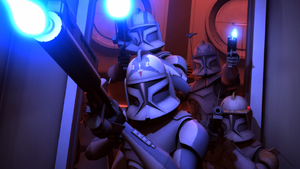 Rex, Cody, Echo, and Fives intercept Grievous's battle droids at the barracks.