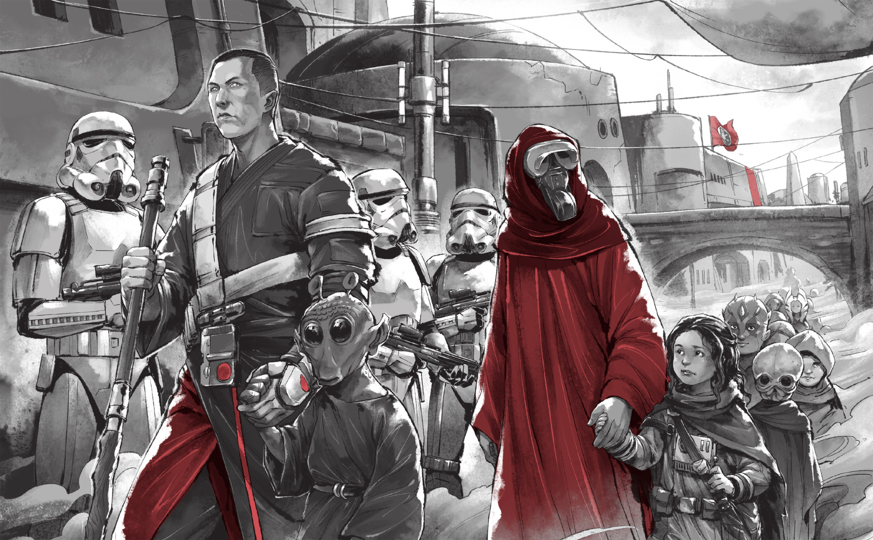 Althin and the other orphans followed Chirrut Îmwe across Jedha City.